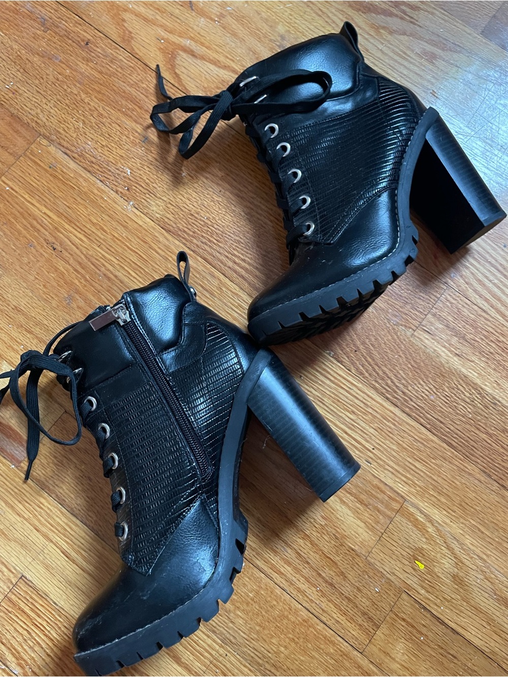 BCBG Women's Black Lace-Up Block Heel Ankle Boots